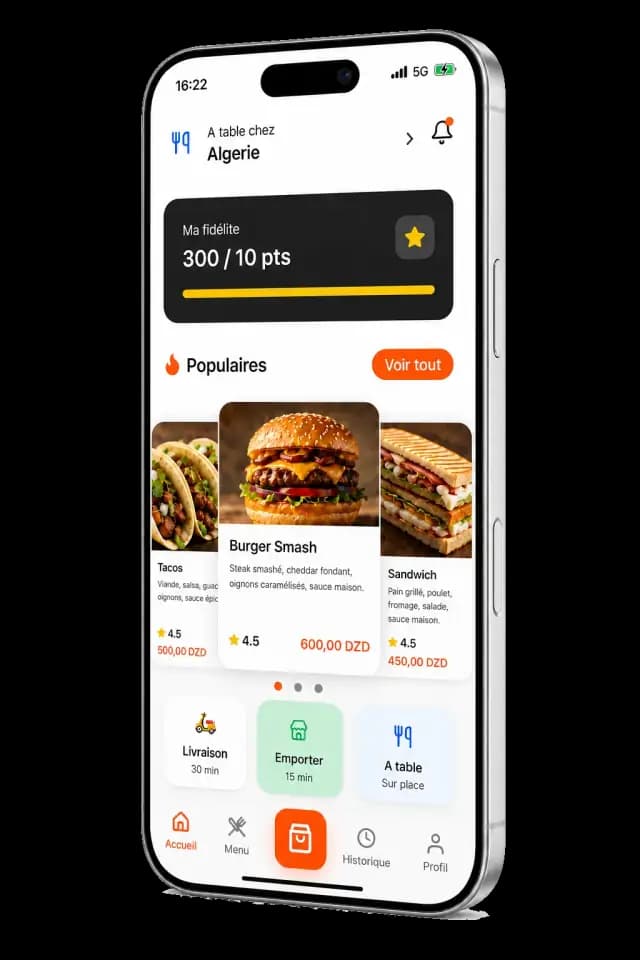 ShopyLink restaurant application displayed on an iPhone 16 Pro